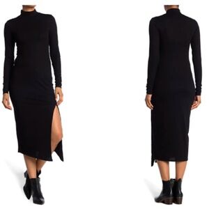 AFRM Black Ribbed Rib Stretch Knit Joyce Mock Neck Side Slit Midi Dress